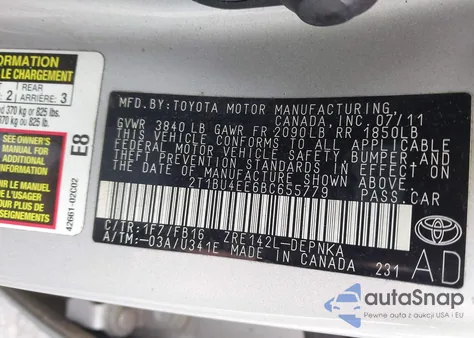 2011 Toyota Corolla Le из США, поврежденный, VIN 2T1BU4EE6BC655779